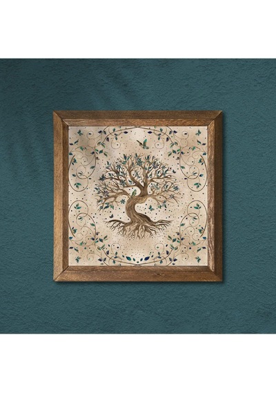 Pinecone Hayat Ağacı Taş Duvar Tablosu - Ahşap Çerçeveli Taş Tablo - 25x25 Cm - Dekoratif Duvar Sanatı - Modern Ev Ve Ofis Duvar Dekoru W1-07