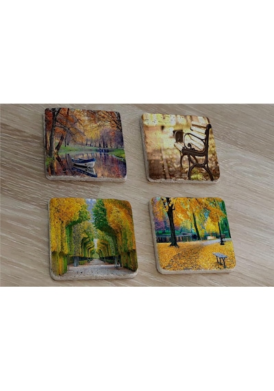Sonbahar Manzaraları Doğal Taş Bardak Altlığı 4'lü Set - Natural Stone Coasters - Taş Çok Renkli