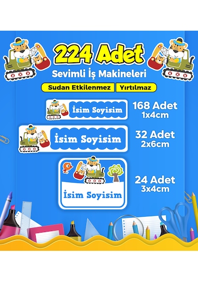 İş Makineleri Temalı Okul Kreş Kişiye Özel İsim Etiket Seti - Model 255 Çok Renkli
