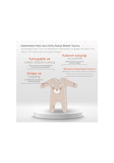 Gezenbebe Hero Uzun Kollu Nakışlı Bebek Tulumu Teddy Organik