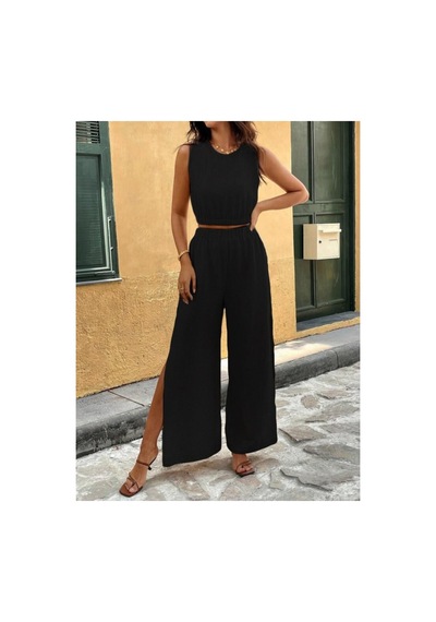 Butik İstanbul Kadın Yırtmaçlı Pantolon Lastikli Atlet Takım Siyah