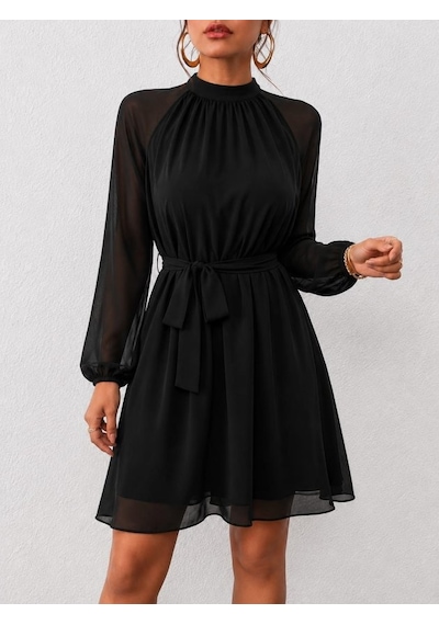 Bhrwear Kadın Uzun Kollu Yarı Balıkçı Yakalı Astar Detaylı Belden Kuşaklı Şifon Kısa Elbise Renkli