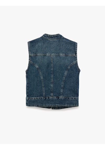 Koton Pamuklu Cepli Yuvarlak Yaka Kolsuz Denim Military Yelek Orta İndigo 7wal20008md