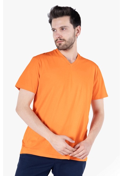 Yıldırımlar T-shirt V Yaka %100 Pamuk Turuncu