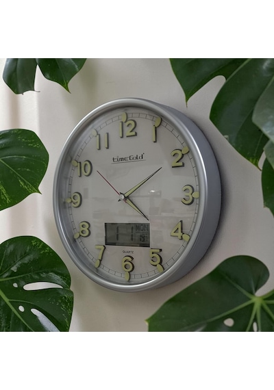 Fosforlu Termometreli Isı Ölçer Dijitalli Kabartma Rakam Duvar Saati Çap 28 Cm Gümüş