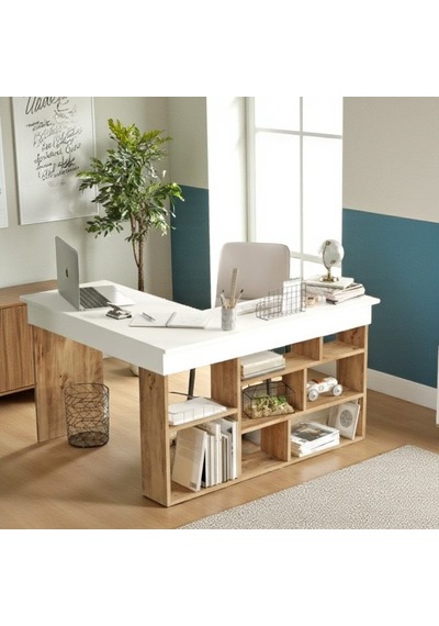 Robin Home Çalışma Masası + Kitaplık 2'li Set Çam- Beyaz Beyaz