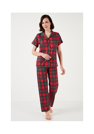 Lela Desenli Kısa Kollu Beli Lastikli Gömlek Yaka Dokuma Regular Fit Bayan Pijama Takımı 6571010 Kırmızı-Siyah