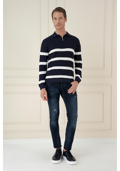 Efor Slim Fit Çizgili Fermuarlı Polo Yaka Lacivert Triko Kazak Tr 877 Lacivert