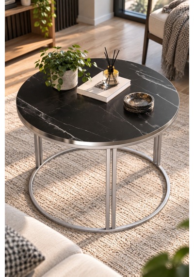 Sulorahome Siyah Mermer Desenli Yuvarlak Orta Sehpa 70 Cm