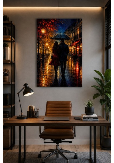 Yağmurlu Sokak Aşkı Baskılı Cam Tablo Romantik Duvar Dekoru