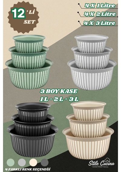 12'li Ekonomik Linea Yuvarlak Kase Seti Antrasit 4x 1 Litre- 2 Litre- 3 Litre Çok Renkli