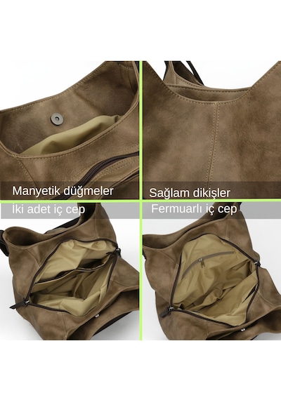 Cappadocia Vintage 5086 Myra Kadın Dumanlı Koyu Kahverengi Pu Deri Günlük Omuz Çantası Üç Bölmeli Hobo Tote El Çantası Dumanlı Koyu Kahverengi