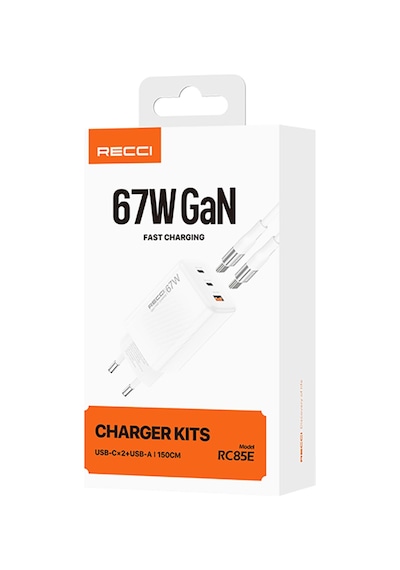 Recci Rc85e Gan Teknolojili Hızlı Şarj Başlığı Usb-a To Type-c Pd 67w Kablolu Şarj Seti Beyaz