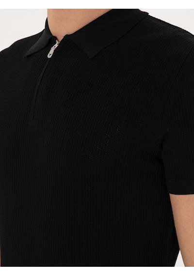 Siyah Slim Fit Fermuarlı Polo Yaka Triko T-shirt