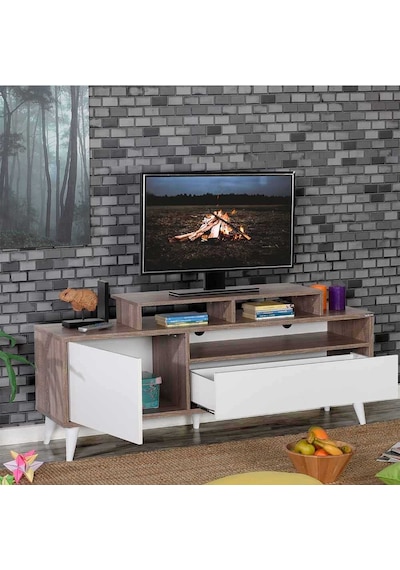 Retro Wide Kapaklı Çekmeceli Tv Sehpası Latte-Diamond Beyaz
