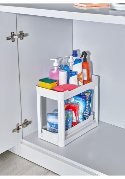 Sev Plastik 2 Katlı Sürgü Çekmeceli Tezgah Altı Organizer Beyaz 40x22x33cm Beyaz