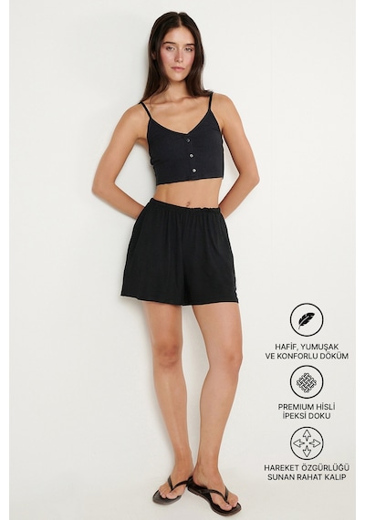Ac&co / Altınyıldız Classics Kadın Sıyah Yumuşak Dokulu Standart Fit Beli Lastikli Cepli Rahat Örme Esnek Şort Siyah