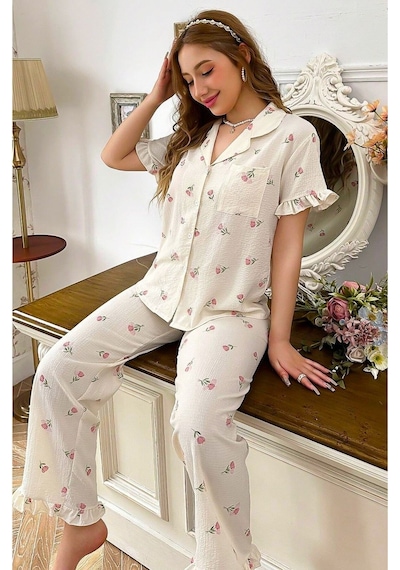 Bella Notte Çiçek Baskılı Fırfırlı Uzun Pijama Takımı Beyaz