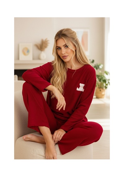 Siyah İnci Havlu Kumaş Örme Pijama Takım25226007 Bordo