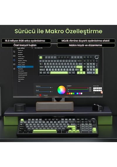 Aula F99 Pro 3 Modlu Rgb Hot Swap Mekanik Graywood V3 Switch Kablosuz Makrolu Klavye Yeşil