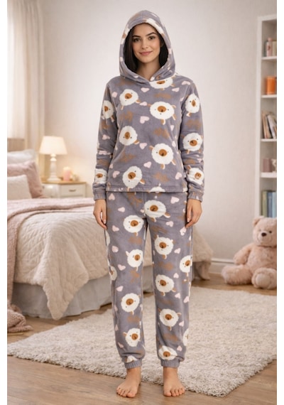 Burcumay Kadın Desenli Kapüşonlu Gri Polar Pijama Takımı Gri