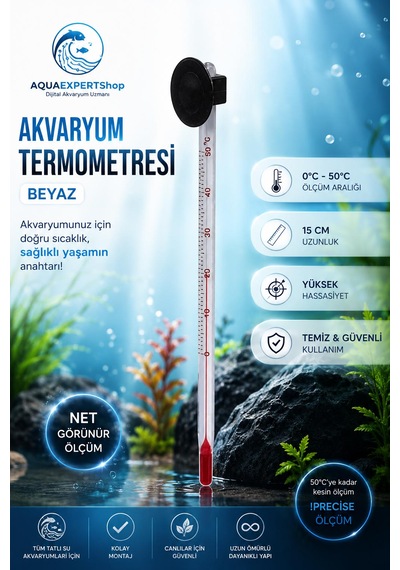 Akvaryum Termometre - Beyaz - Hassas Ölçüm - Cam Termometre - 0/50 Derece Arası Ölçüm - Net Görünür - Güçlü Vantuz