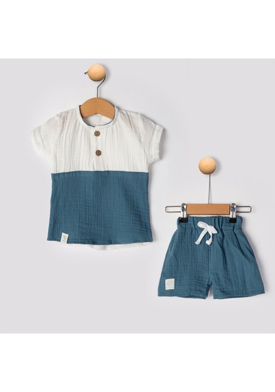 Babyhola Erkek Bebek Müslin Kumaş Şortlu Takım Yazlık Kısa Kollu 2 Li Takım 22455 Mavi