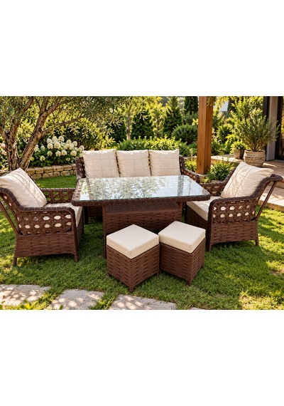 Rattan Bahçe Ve Balkon Takımı 3+1+1 2 Adet Puf Hediyeli Kahverengi