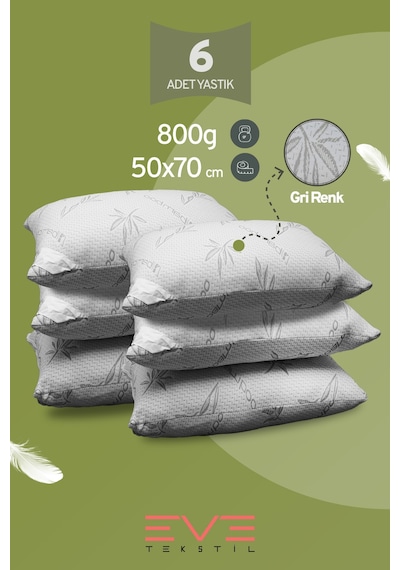 Eve Tekstil 6 Adet Bamboo Gri Serisi Kılıflı Fermuarlı Yıkanabilir Antialerjik Silikon Elyaf Yastık 50x70cm 800 Gr Gri
