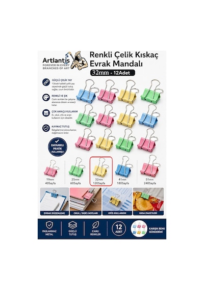Renkli Çelik Kıskaç Klips 32 Mm 12 Adet Evrak Mandalı Renkli Metal Mandal Binder Clips Kıskaç 120 Sayfa Kapasiteli