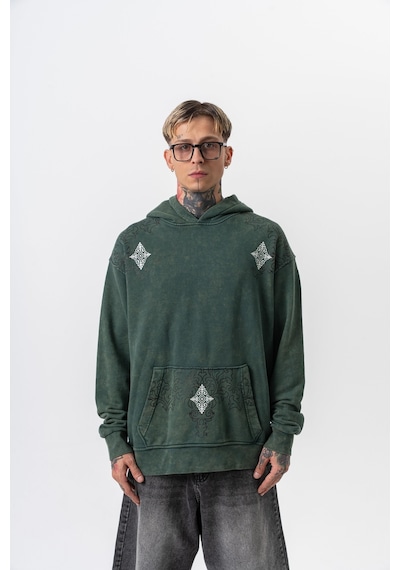 Respire Erkek 10 Baskılı Yıkamalı Kapüşonlu Oversize Hoodie Yeşil