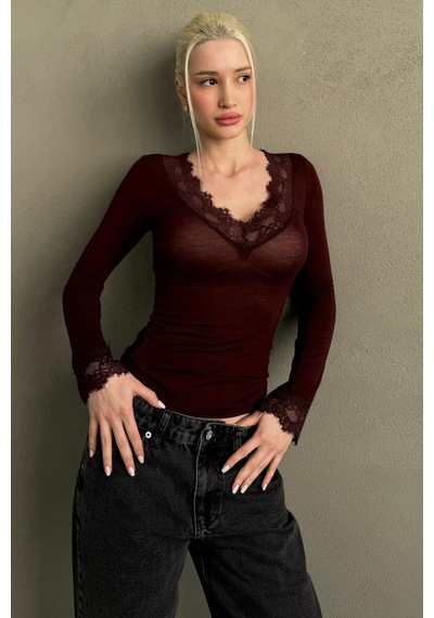 Madmext Bordo V Yaka Dantelli Transparan Kadın Bluz Mg2662 bordo
