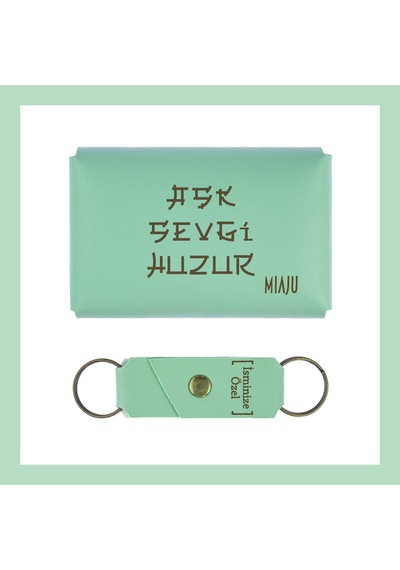 Miaju Açık Yeşil, Aşk Sevgi Huzur Yazılı İsme Özel, Cüzdan Ve Anahtarlık Set, Kendine Hediyelik Açık Yeşil