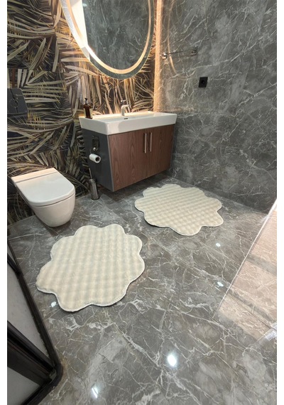 Bubble Papatya Banyo Paspası 2'li Set Pofuduk Yumuşak Peluş Kaymaz Taban Dekoratif Banyo Halısı Krem