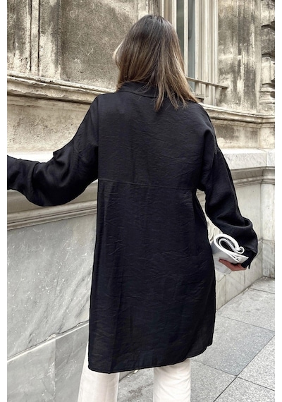 WeShaya Kadın Siyah Balon Kol, Pileli, Yırtmaçlı, Oversize, Keten Tunik Gömlek Siyah