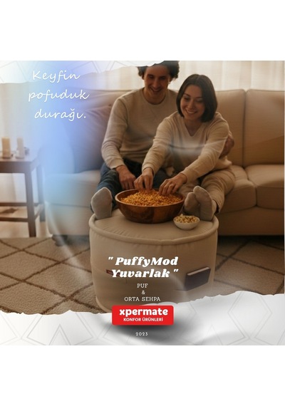 Dekoratif Yuvarlak Puf Orta Sehpa Puf 60x42 Cm Puffymod Bej