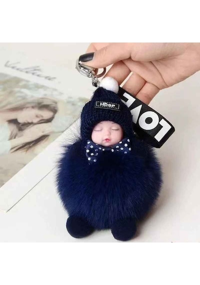 Sevimli Ponpon Uyuyan Bebek Peluş Kadın Kız Araba Çanta Anahtarlık Aksesuar Siyah