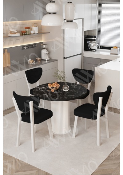Avvio Elma Yuvarlak Siyah Mermer Mutfak Masa 4 Adet Sandalyeli Takım 90x90 Cm