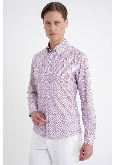 Slim Fit Pamuklu Baskılı Desen Yaka Düğmeli Bordo Gömlek G 1603
