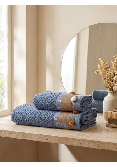 Kod-9832 Pamuk Jakarlı 50x90/70x140 Banyo Havlu Seti 2'li - Indigo