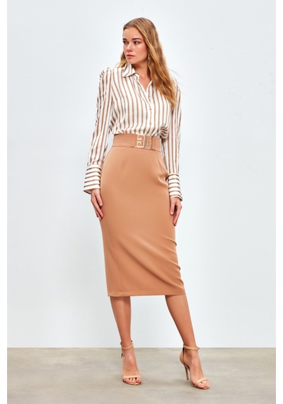 Sateen Aksesuar Detaylı Kalem Etek - Camel