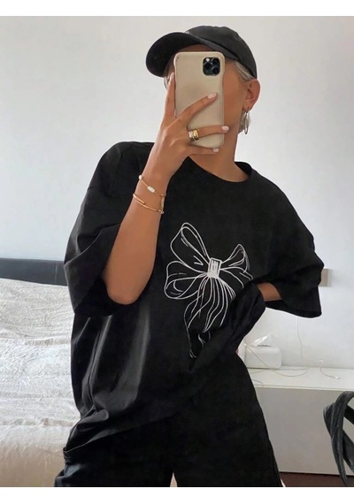 Kadın Baskılı Kısa Kol Oversize T-shirt - Siyah Siyah