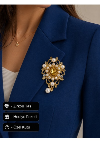 Premium Hediye İnci Taş Detaylı Gold Renk Kadın Broşu Vintage Tasarım Açık Gri
