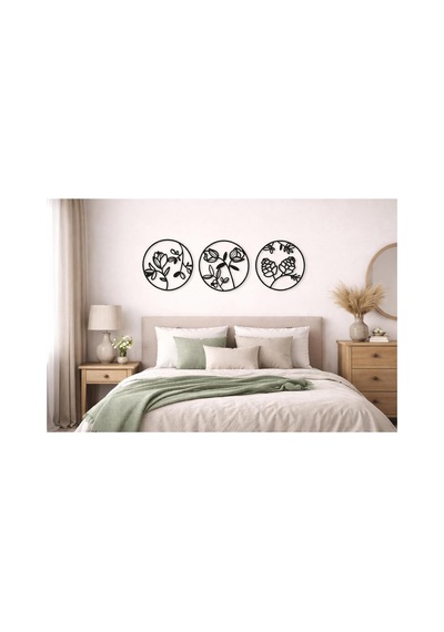 Arliadesign 3 Parçalı Daire Şeklinde Modern Çiçek Bahçesi Ahşap Tablo Seti / Duvar Dekor / Siyah 3 Mm Mdf
