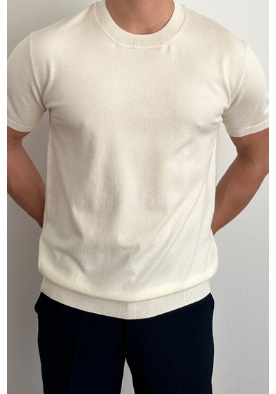 Cool Tarz Erkek Beyaz Slim Fit Bisiklet Yaka Triko T-shirt Beyaz Beyaz