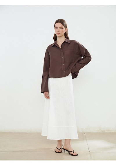 Lcw Modest Kahverengi Oversize Keten Karışımlı Kadın Gömlek