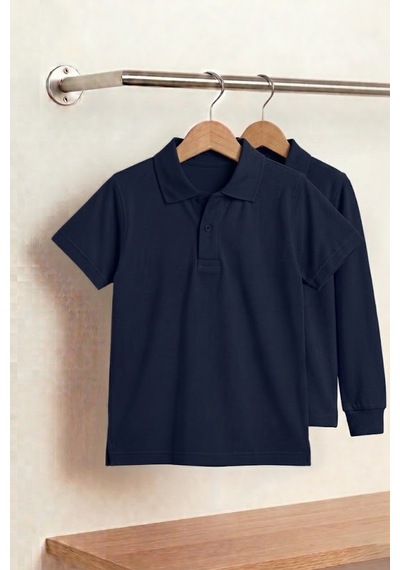 Nacar Store Unisex Çocuk Uzun Ve Kısa Kollu Polo Yaka Okul Tişörtü 2'li Set Lacivert