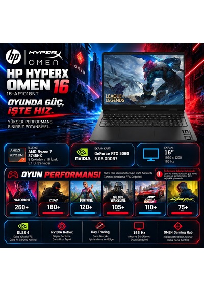 HP Hyperx Omen D9CU4EAH07 R7-8745HX 24 GB 512 GB SSD RTX5060 16" W11H Dizüstü Bilgisayar + Çanta