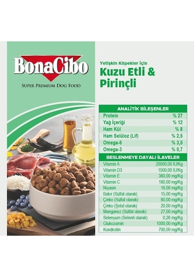 BonaCibo Adult Dog Lamb Kuzu Etli ve Pirinçli Yetişkin Köpek Maması 2 x 4 KG