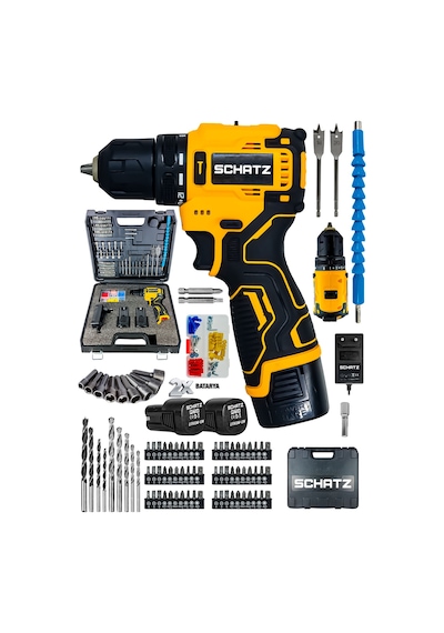 Schatz Profesyonel 12V Kömürsüz Motor Çift Akülü Şarjlı Vidalama Matkap  84 Parça Set Sarı